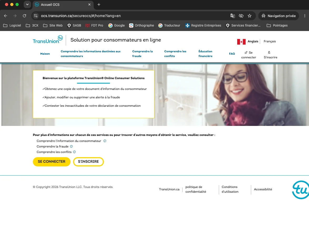 Page d'accueil TransUnion OCS avec le bouton « S'inscrire »