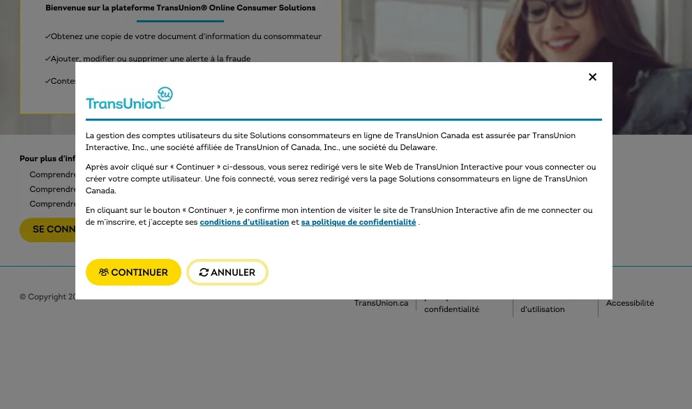 Fenêtre TransUnion Interactive avec le bouton « Continuer »