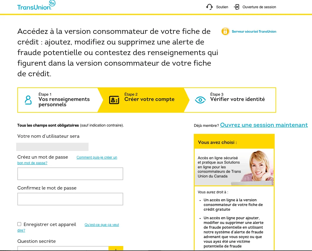 Formulaire TransUnion Étape 2 — création du mot de passe