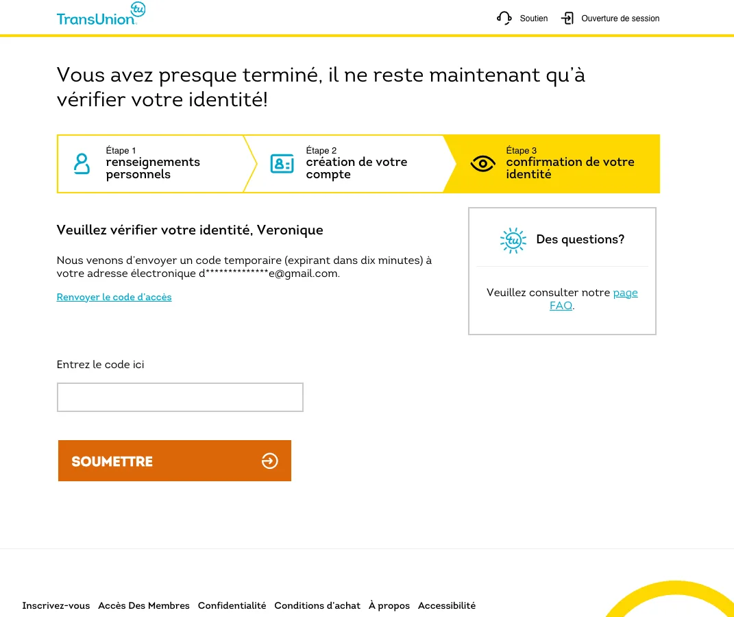 Écran TransUnion pour saisir le code de vérification reçu par courriel