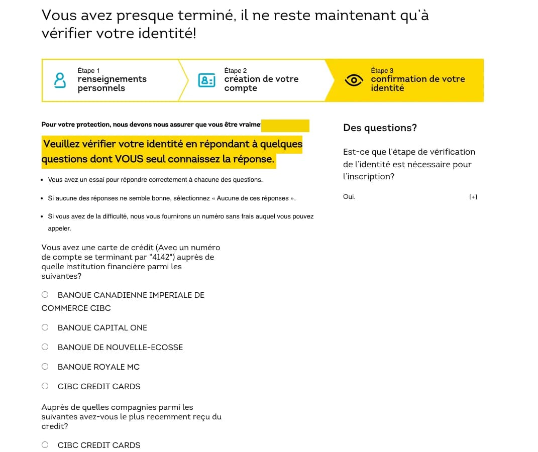 Questions de vérification d'identité TransUnion