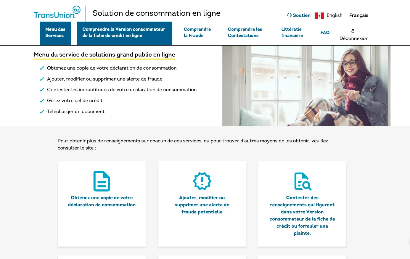 Menu des solutions TransUnion avec l'option « Obtenez une copie de votre déclaration de consommation »