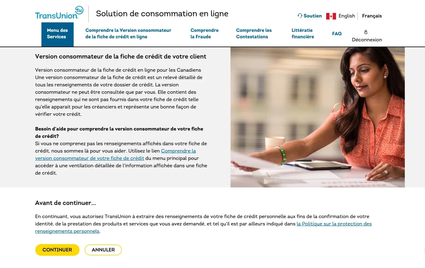 Page Version consommateur de la fiche de crédit avec le bouton « Continuer »