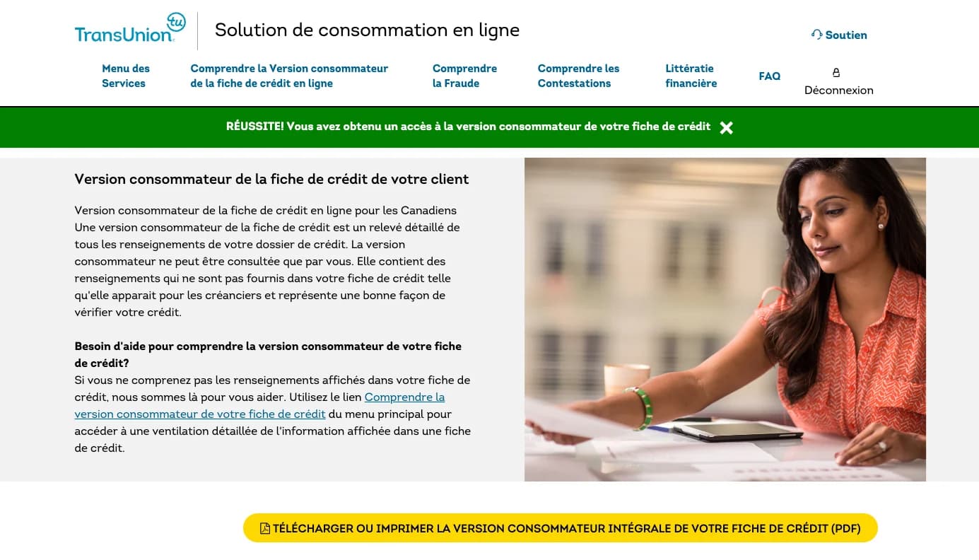 Écran de réussite TransUnion avec le lien de téléchargement du PDF